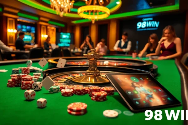 Players enjoying an exciting game at the luxurious 98WIN casino table, showcasing vibrant chips and cards.