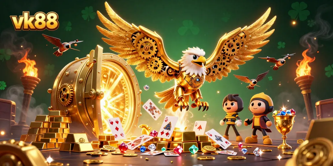 Experience thrilling gaming moments with vk88, featuring a cybernetic eagle amidst dazzling casino treasures.