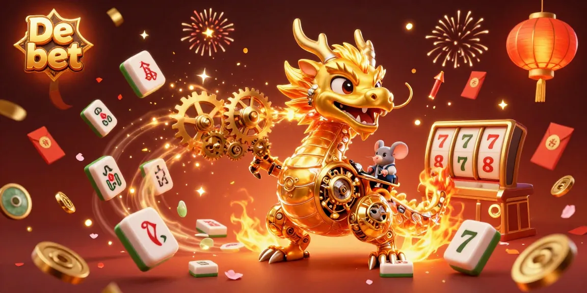 Experience thrilling gaming at De bet with a vibrant 3D illustration of a golden dragon and festive elements.