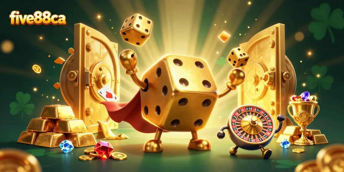 Experience thrilling gambling action with five88ca's animated golden dice golem and roulette companion.