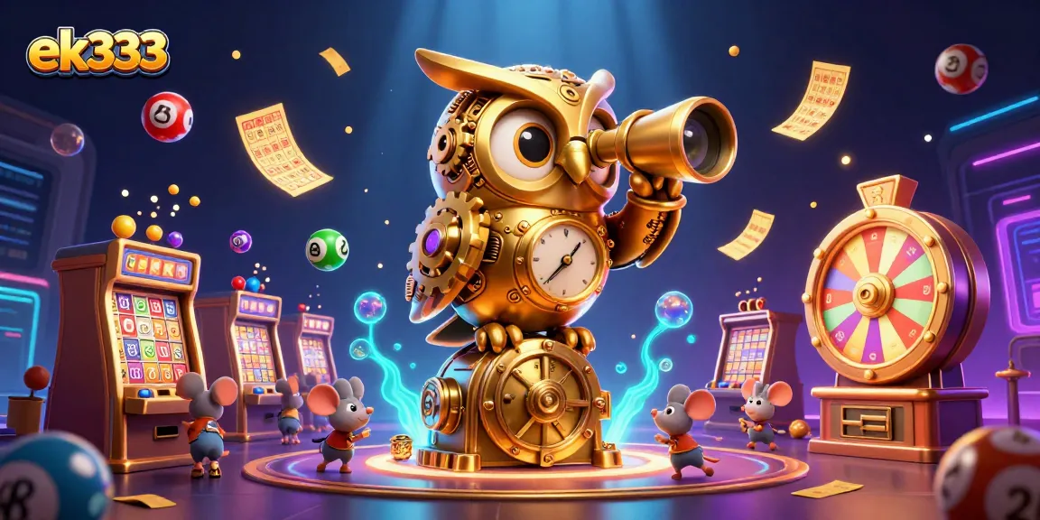 Experience excitement at ek333 with lively casino elements and a captivating clockwork owl.