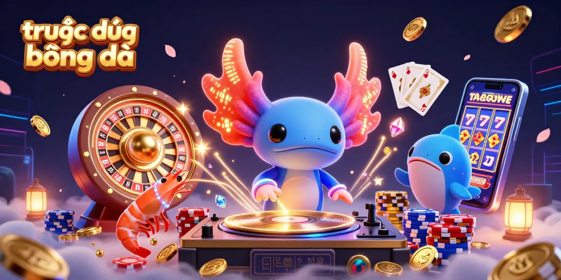 Experience trực tiếp bóng đá with vibrant axolotl DJ and lively aquatic friends amid dazzling gambling elements.