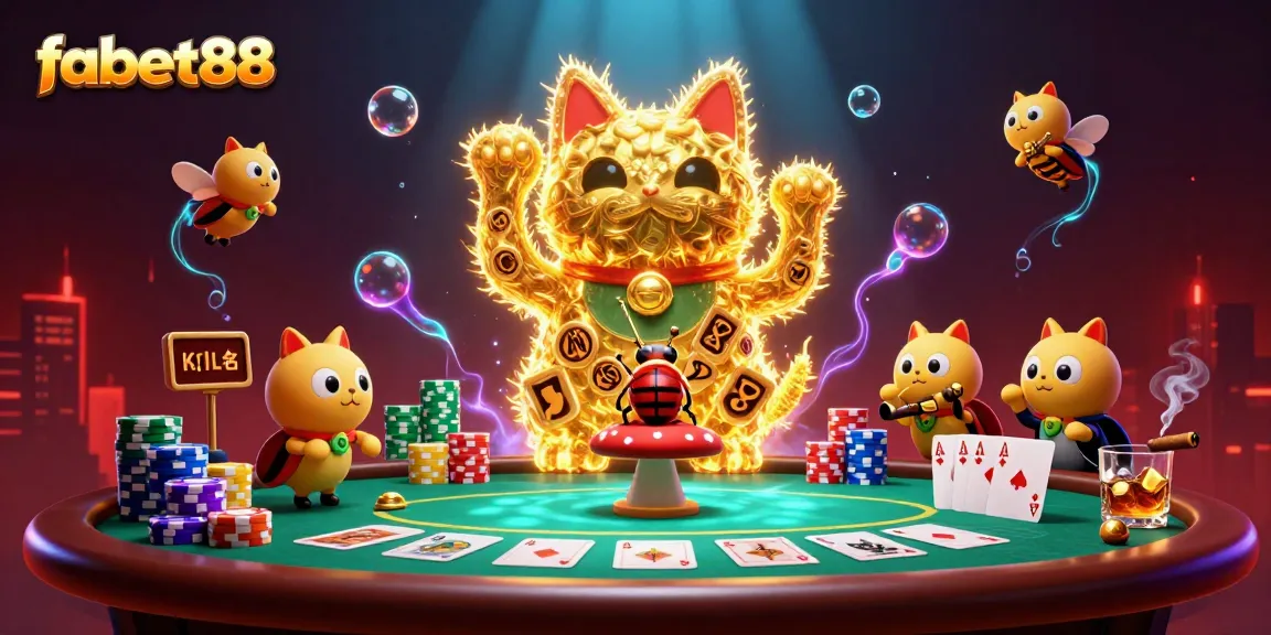Experience thrilling gameplay at fabet88 with a vibrant 3D illustration of a lucky cat and enchanting casino elements.
