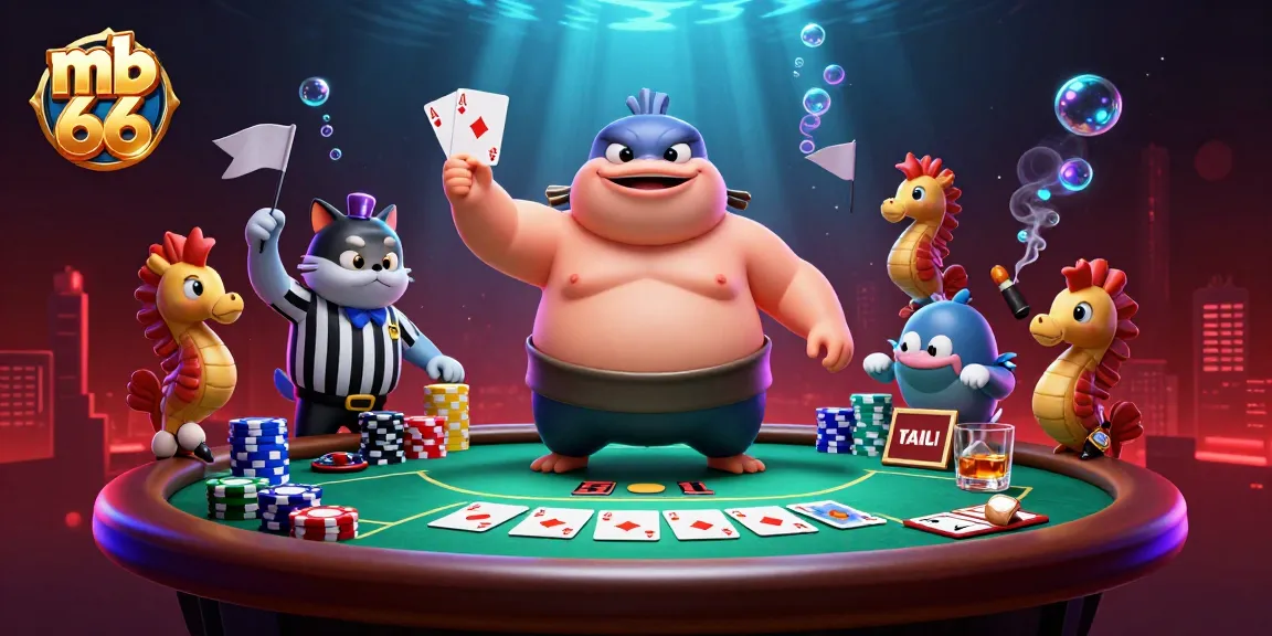 Engage in thrilling gameplay at mb 66 with lively casino characters amidst vibrant poker action.