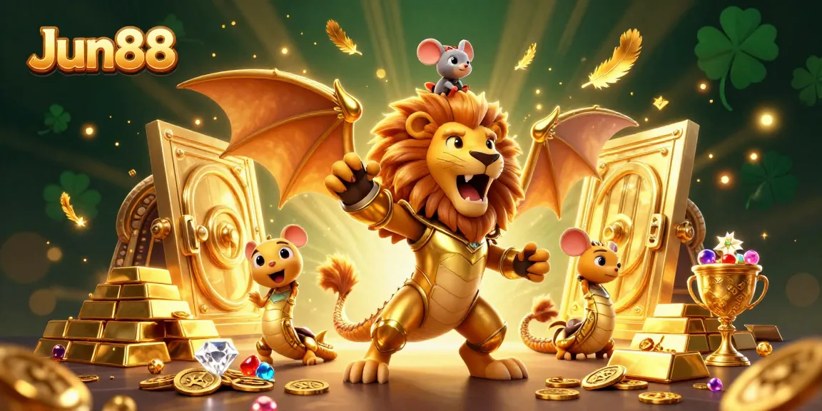 Experience thrilling gameplay at Jun88 with a roaring chimera and treasure-filled scene.