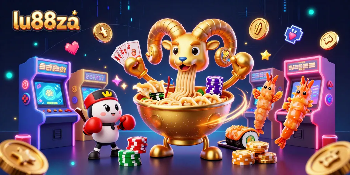 lu88za showcases a dynamic 3D scene featuring a golden ramen bowl character engaging with casino elements and vibrant game atmosphere
