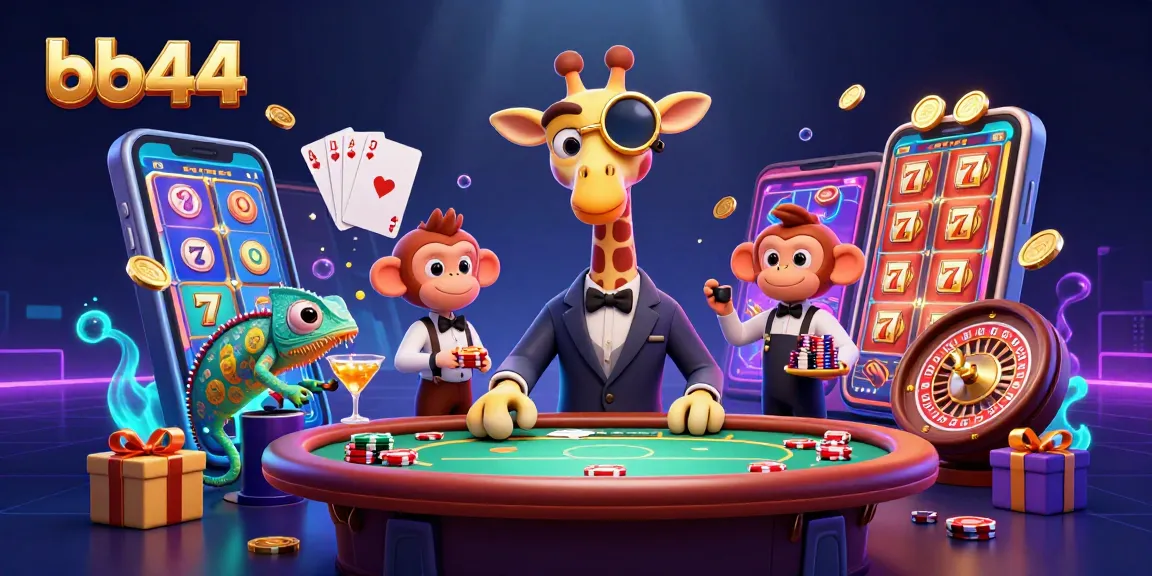 bb44 showcases a vibrant casino scene with a high-roller giraffe at a poker table amidst slot game elements.