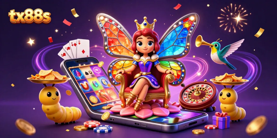 Experience the thrilling wins at tx88s with a vibrant casino scene full of excitement and colorful gaming elements.