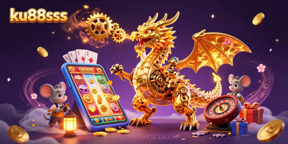 Engage with ku88sss in an exciting 3D casino scene featuring a dragon and animated slot elements.