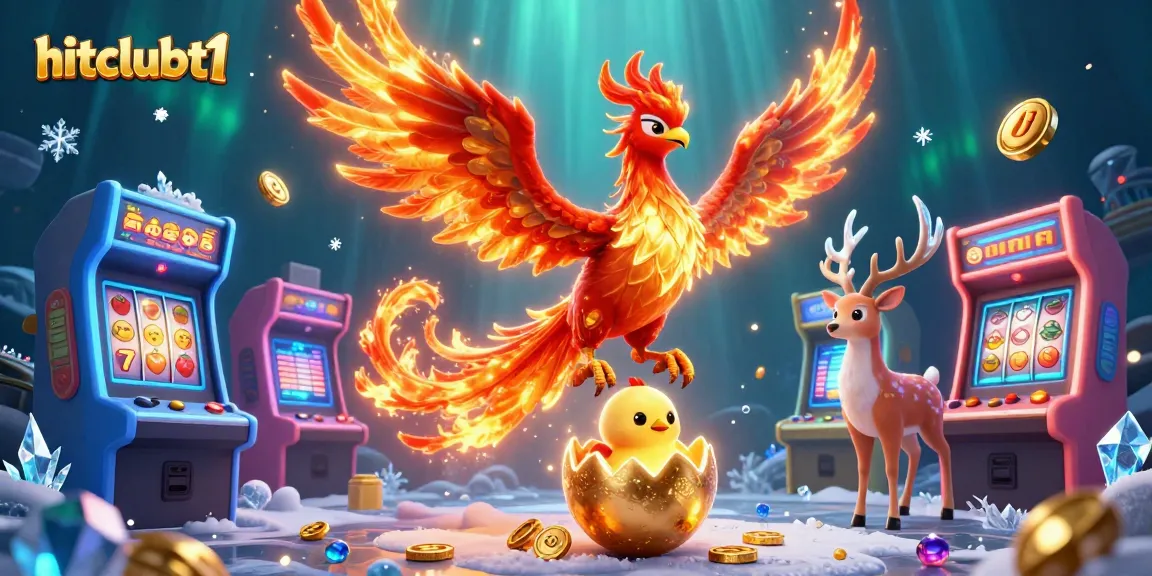 Engage with hitclubt1's vibrant casino world featuring a phoenix, baby chick, and mystical stag amidst dynamic game elements.
