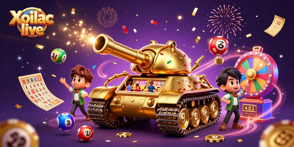 Xoilac live brings excitement with a dynamic golden beetle tank casino, overflowing with confetti and game elements.