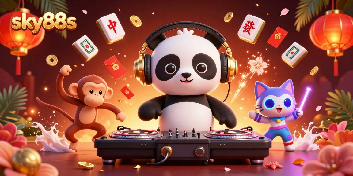 Experience thrilling actions at sky88s with a DJ panda and lively characters in a dynamic casino scene.