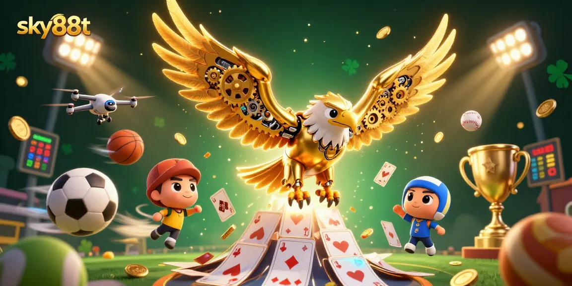 Engage with sky88t's thrilling world as a golden eagle dives through holographic cards amidst dynamic sports elements.