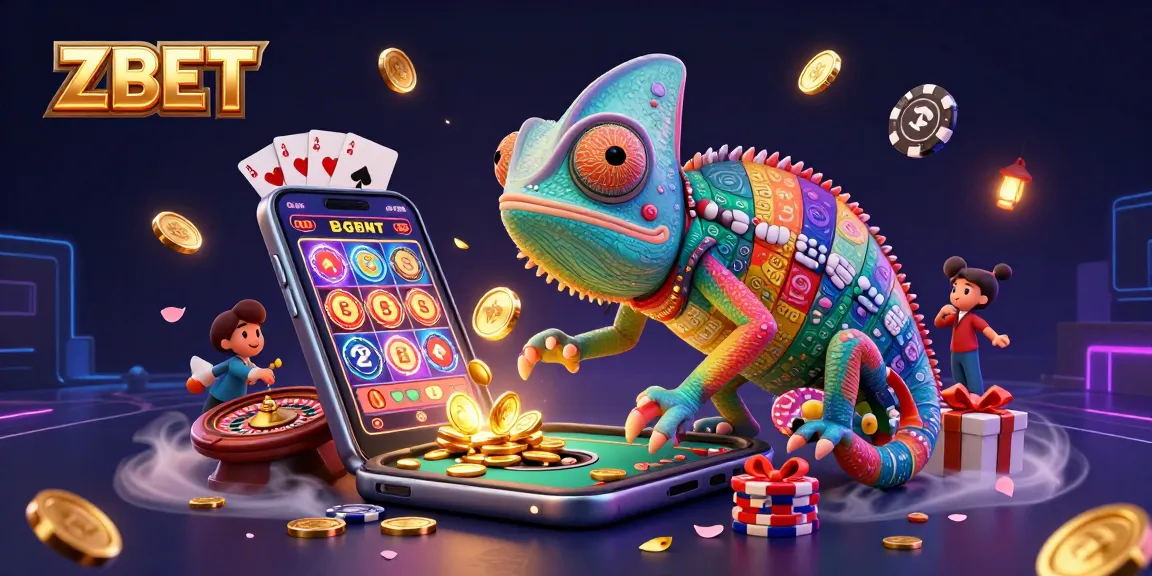 ZBET offers active gameplay with a vibrant chameleon casino owner and lively gambling elements