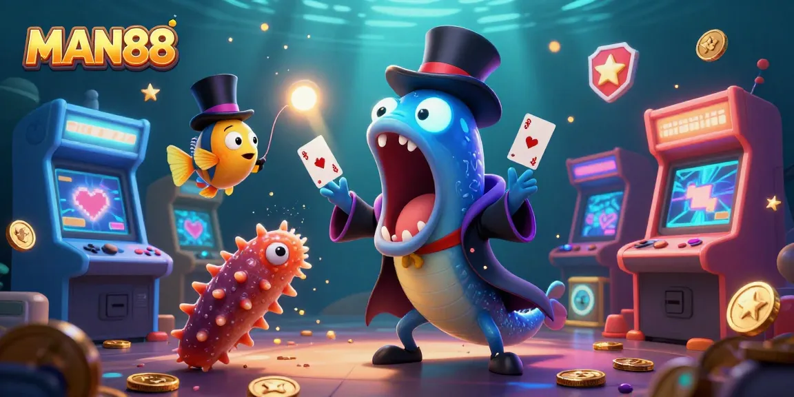 Engage with MAN88 by witnessing stunning card tricks in a lively undersea casino scene.