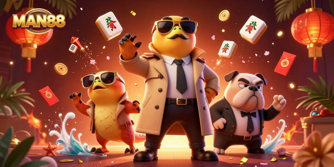 MAN88 casino illustration with three raptors in disguise and a bulldog bouncer set in a vibrant gambling scene.