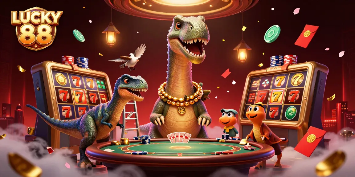 Experience LUCKY 88 with a playful scene of a brontosaurus and clever raptor at a bustling casino.