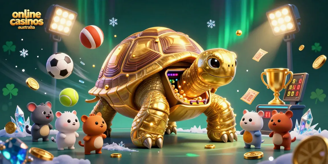 Experience the excitement of online casinos Australia with a lively 3D cartoon illustration showcasing a golden tortoise pinball machine and joyful animals.