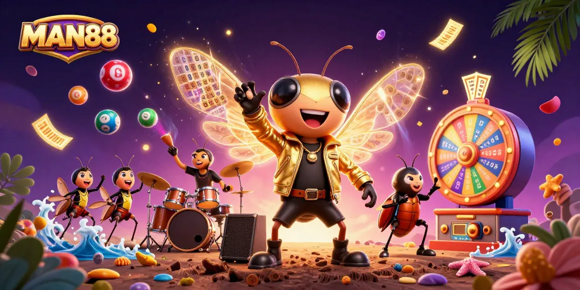 Engage with MAN88's vibrant casino fun featuring a buzzing cartoon cicada rock star amidst colorful lottery elements.