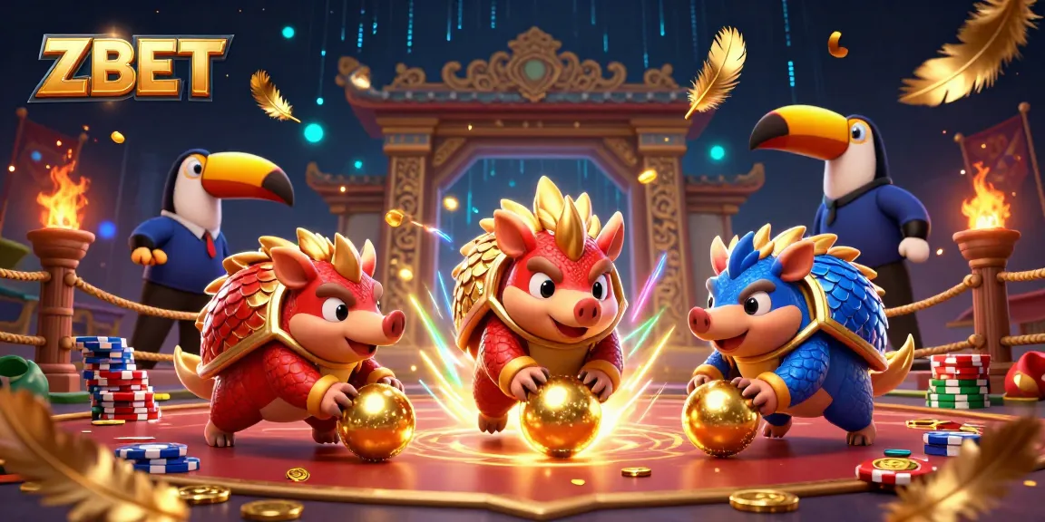 ZBET pangolins compete in a casino-themed dynamic scene, rolling golden balls over poker chips.
