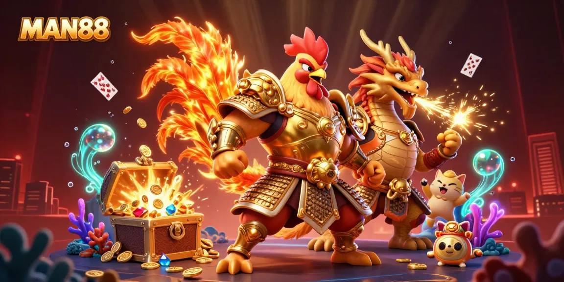 Experience thrilling gameplay with MAN88’s vibrant 3D casino illustration featuring exciting elements and engaging characters.