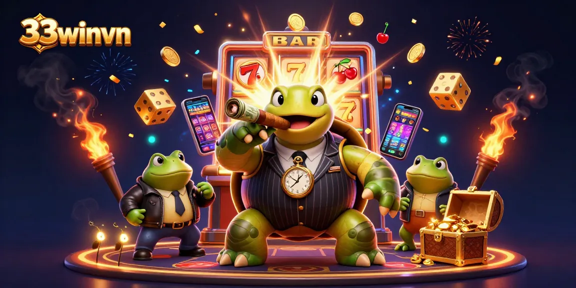 Engage with 33winvn's vibrant 3D casino scene featuring a snapping turtle and bullfrog enforcers in an exciting gambling atmosphere.